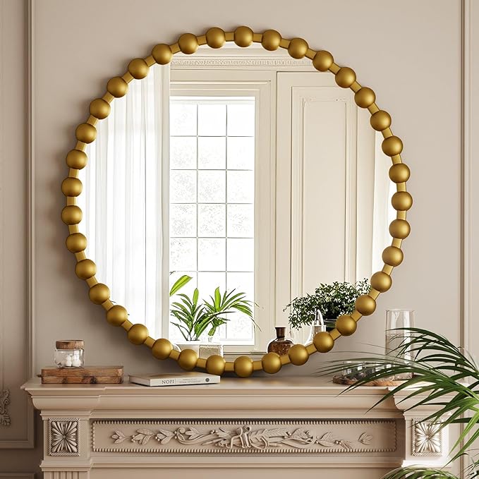 Easly Round Mirror for Wall, 32 Inch Gold Beaded Frame Decorative Vanity Mirror, Circle Bathroom Mirror with High-Definition Lense, Modern Wall Decor for Bathroom, Living Room, Bedroom, Entryway
