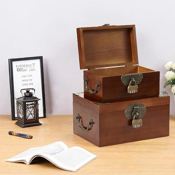2PCS Decorative Wooden Storage Box with Lids Handmade Memory Box for keepsakes Treasure Chest Box with lock Vintage Wood Baskets Metal Handle Jewelry Desk Organizer Container, Walnut