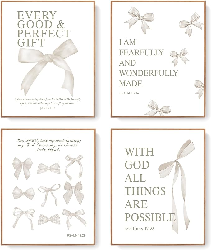 LARTSFRO Coquette Beige Bow Christian Wall Art Decor Posters, Beige Bow Christian Room Bedroom Bathroom Dorm Wall Art Decor Aesthetic for Women College Teen Girls Gifts, Inspirational Bible Verses Bow Wall Decor, 10x8 Inch Set of 4 Pcs Bow Pictures (UN...