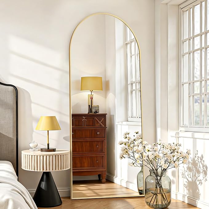 Mirror Full Length 64"x21" Full Body Floor Mirror with Stand, Shatterproof Glass, Aluminum Alloy Frame, Free Standing Wall Mounted or Leaning Arched Mirrors for Bedroom Living Room Entryway
