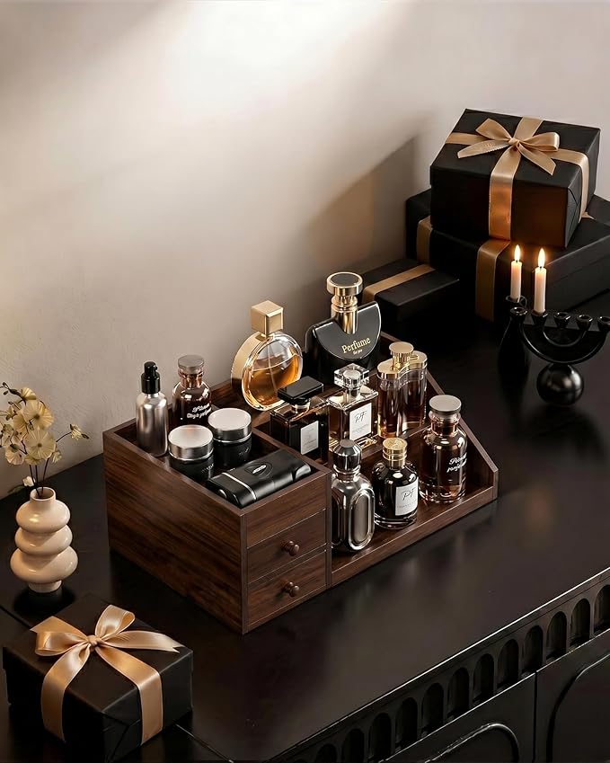 ProCase Wooden Cologne Organizer for Men, 3-Tier Elevated Wood Perfume Storage Display Shelf with Drawers, Dresser Storage Stand Riser for Fragrance Skin Care, Gift for Boys Men Dad Husband -Brown