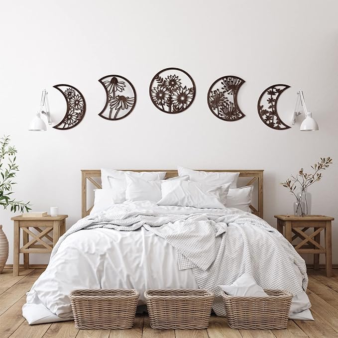 Jetec 5 Pcs Moon Phase Wall Art Decor Wall Pediments Hanging Wooden Phase Spiritual Bedroom Nordic Boho Lunar Aesthetic Art for Living Room Dorm Apartment Ornament(Brown,10.6 Inch,Flower)