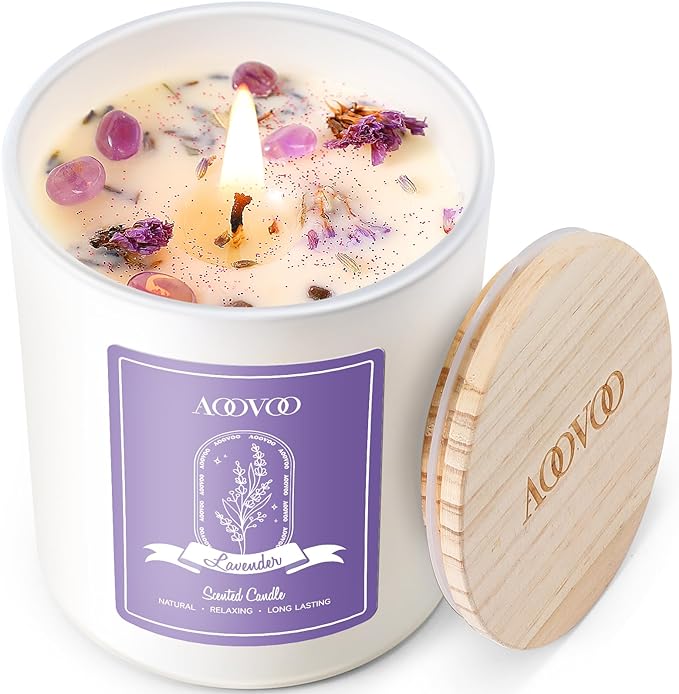 AOOVOO Lavender Scented Candles for Women - Aromatherapy Candle with Crystals Inside, 10oz Soy Candles for Home Scented, Birthday Gifts Mothers Day Candle for Women Mom