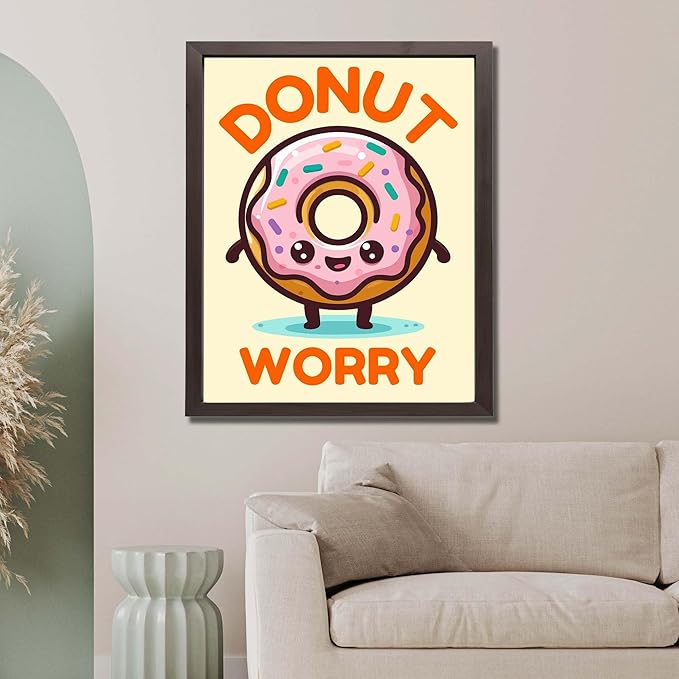 InkFlow Posters Donut Worry Poster - Smiling Donut Illustration - Playful Food Art Design - Kids Bedroom Kitchen Playroom Decor - Cheerful Cartoon Style Print - 16x20 Unframed Canvas Print