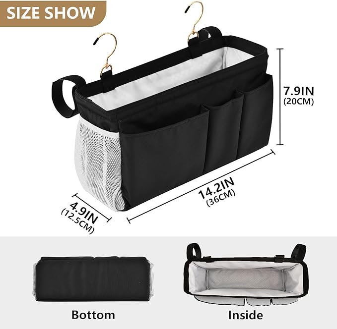Black Bedside Caddy Storage Bag Bedside Organizer for Bed Rails College Dorm Room Organizer Caddy Hanging Shelf 6 Pockets with Hooks for Drinks Magazine Phone Holder