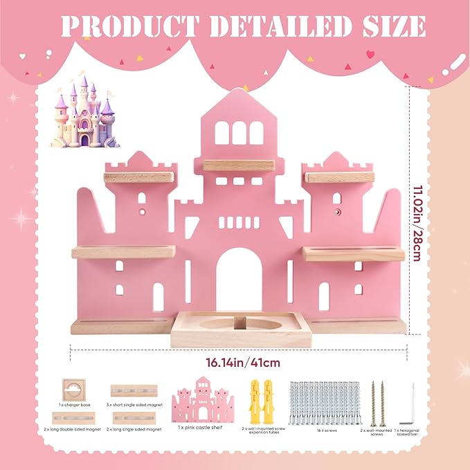 Tonie Shelf for Tonies Box 2/1 - Tonie Storage for Tonie Box & Tonies Figures & Charging Station, Magnetic Wooden Floating Shelf for Toniebox & 15-33 Tonies Characters, Wall Mounted Rack,Castle Shape
