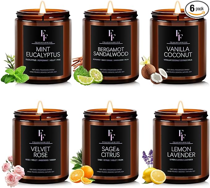 Scented Candles Set, Soy Wax Candles 6 Pack 42 Oz Aromatherapy Candles Gift Set for Women Men (Sage/Vanilla/Lemon/Sandalwood/Mint/Rose)