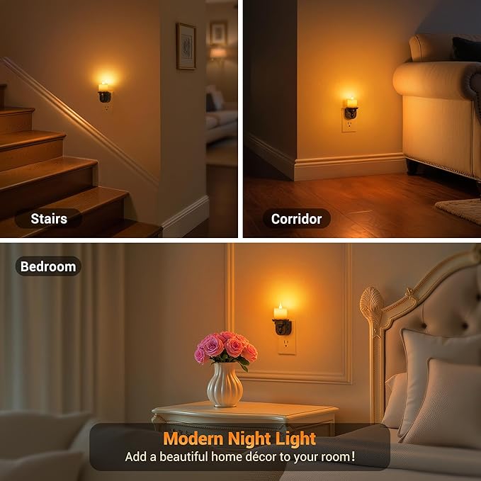 JandCase Night Lights Plug into Wall, 2 Pack Flameless Flickering Electric Fake Candle Night Light with Dusk to Dawn Sensor, 3000K Soft White, 0-100LM Dimmable Nightlight for Bathroom Bedroom Hallway