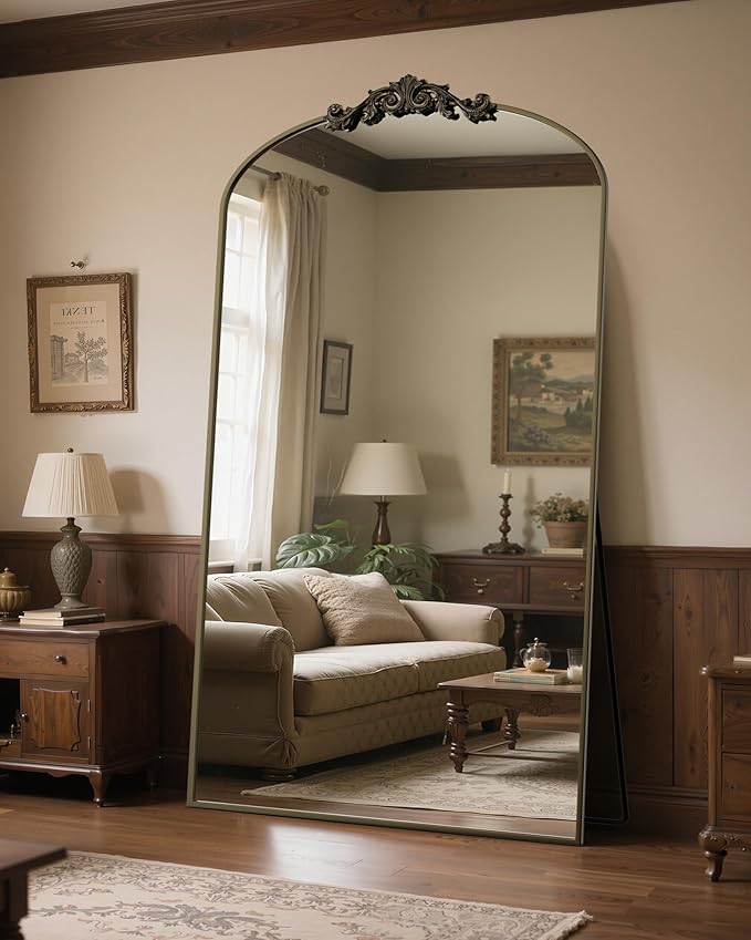 Antok Arched Full Length Mirror, 81"x41" Floor Mirror with Carved, Full Body Mirrors for HomeDecor, Standing/Halling Large Wall Mirror for Bedroom, Living Room, Cloakroom, Bronze, Retro Style