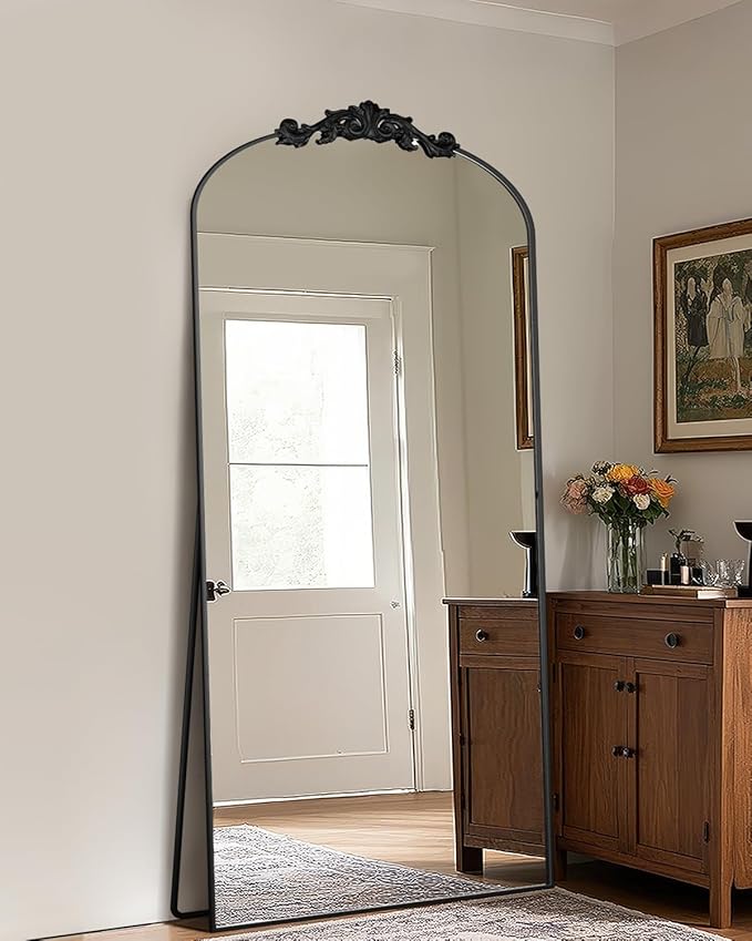 Antok Arched Full Length Mirror, 76"x34" Floor Mirror with Carved, Full Body Mirrors for HomeDecor, Standing/Halling Large Wall Mirror for Bedroom, Living Room, Cloakroom, Black, Retro Style