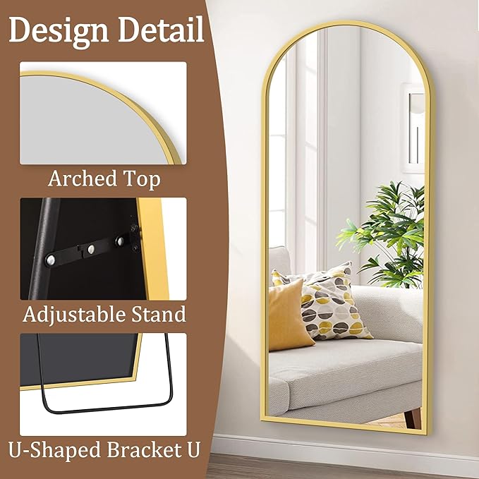 GlasFlength Full Body Mirror with Stand, 71" x 32" Arched Full Length Mirror with Aluminum Alloy Frame Wall-Mounted/Leaning Against Wall/Floor Standing Mirror for Home Decor, Gold