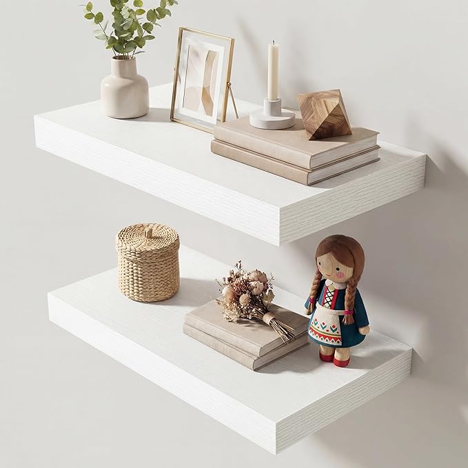 Dreamland 16 Inches Floating Shelves for Wall, 9.3" Deep Long Floating Shelves Set of 2, Large Display & Storage Shelf, Wall Shelf for Bathroom Bedroom Living Room Kitchen Office, White