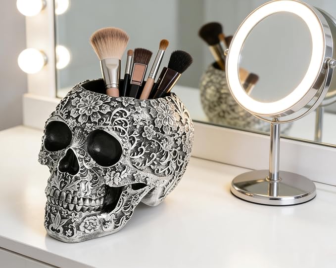 Skull Bowl Decorative Skull Vase Makeup Brush Pen Holder Organizer Dresser Gothic Table Organizer Decoration, Antique Silver Skull Pot Enthusiasts Gifts