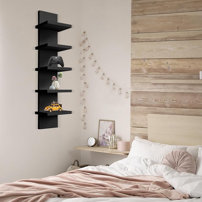 5 Tier Wall Shelf Unit - Narrow Smooth Laminate Finish - Vertical Column Wall Decor Mount Floating Storage Home Decor Organizer Tall Tower Utility Shelf for Bedrooms, Living Rooms(Black)