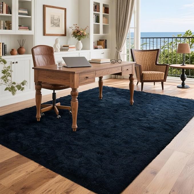 5x7 Fluffy Area Rug Blue Rugs for Living Room, Plush Soft Navy Blue Shag Carpet for Bedroom Boys Book Room Nursery Kids Playroom Dorm Decor