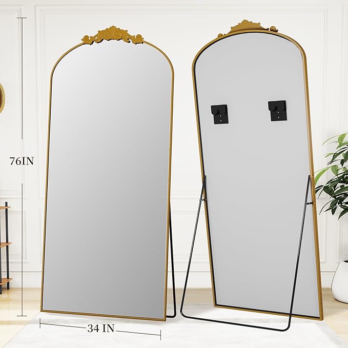 Vintage Full Length Mirror,76"x34" Arched Antique Floor Mirror with Carved Metal Frame,Large Standing Wall Mounted or Leaning Mirror for Bedroom Living Room Entryway,Gold