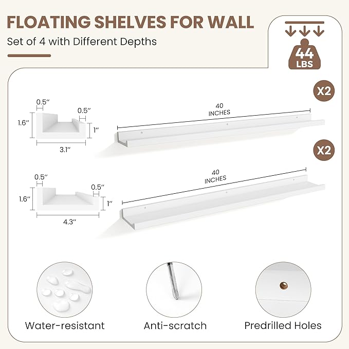 Fun Memories Picture Ledge Shelf, White Floating Shelves Set of 4, 40 Inch Picture Shelves for Wall with Ledge, Large Nursery Book Shelf for Toys Storage, Living Room, Bedroom Decor Frames