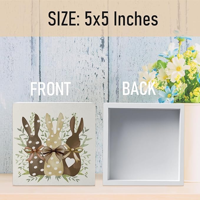 Easter Decor, Rabbit Wooden Box Sign, Rustic Easter Tiered Tray Decorations, Farmhouse Bunny Table Centerpiece Sign for Party Home Kitchen Dining Table Decor 5x5