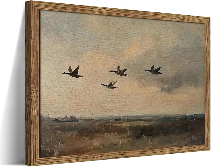 Framed Flying Ducks Canvas Wall Art, Rustic Countryside Landscape Painting, Vintage Birds Poster Print, Modern Farmhouse Ducks Wall Decor for Living Room Bedroom – 16x24 inch