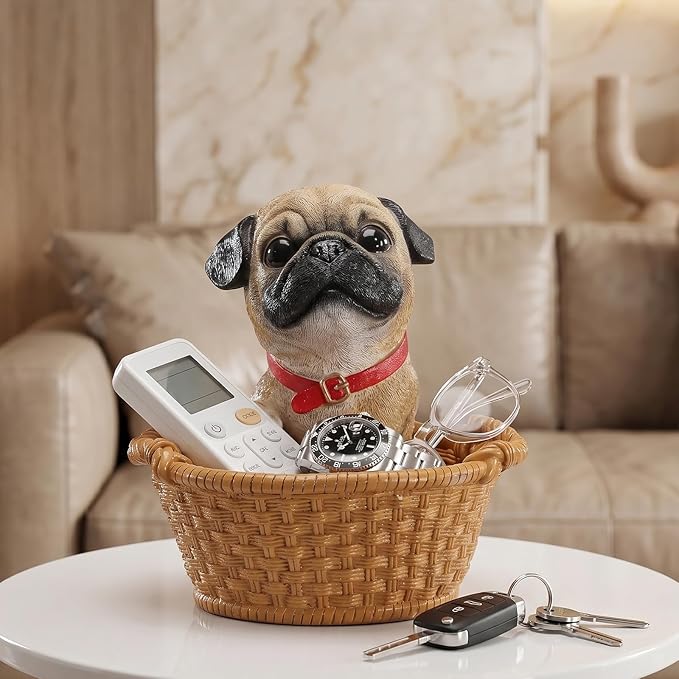 Dog Resin Storage Basket, Desktop Organizer for Remote & Keys, Cute Home Decor Tray, Ideal present for Pet Lovers.(Brown Pug)