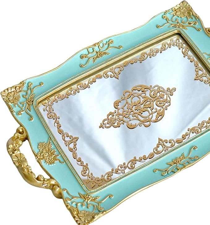 French Style Decorative Mirror Tray, Dresser Counter Coffee Table Jewelry Perfume Organizer for Makeup Jewelry (Green)