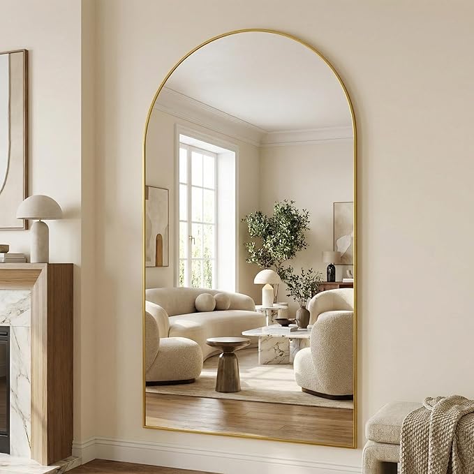 Suidia 76"x44" Arched Full Length Mirror with Stand, Full Body Mirror with Aluminum Frame, Freestanding/Leaning/Wall-Mounted, Floor Mirrors for Bedroom, Living Room, Entryway, Dressing Room, Gold