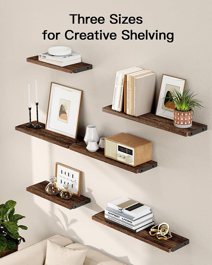 AMADA HOMEFURNISHING Wall Shelves Set of 6, Rustic Farmhouse Floating Shelves for Bedroom, Bathroom & Living Room, Brown