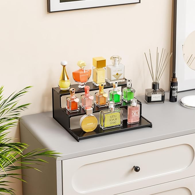 Yieach Cologne Stand for Men,3 Tier Black Perfume Tray for Cologne,Acrylic Display Risers for Collection,Fragrance,Cupcake,Figure Display Shelf,Perfume Stand Organizer,Product Fragrance Display Stand