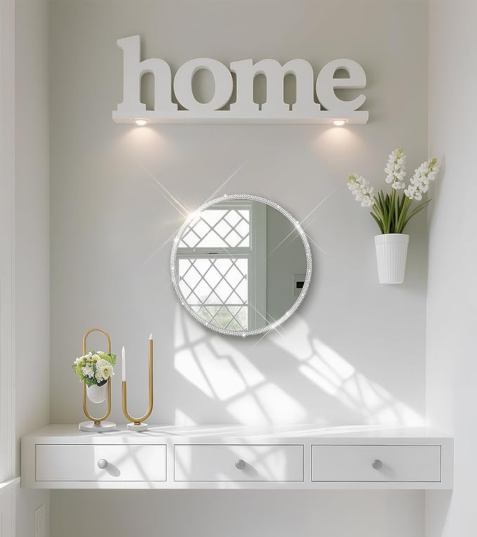 Crystal Diamond Wall Mounted Mirror Silver Makeup Mirror 12inch Round Bing Mirror for Bedroom Real Glass Mirror for Wall Decor