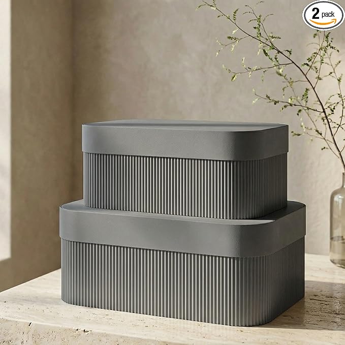 Decorative Storage Boxes with Lids – Set of 2 Beautiful Fluted Cardboard Organizer Bins for Your Home Bookshelf Decor to Safely Store Your Documents, Memory Box Items and Other Keepsakes in Style
