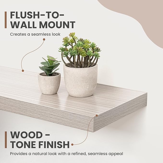 Acovy 16 Inch Floating Shelves, 8 Inch Deep Floating Shelves for Wall, Hanging Shelf with Invisible Brackets, Deep Shelves for Bathroom, Bedroom, Living Room, Grey, Set of 2