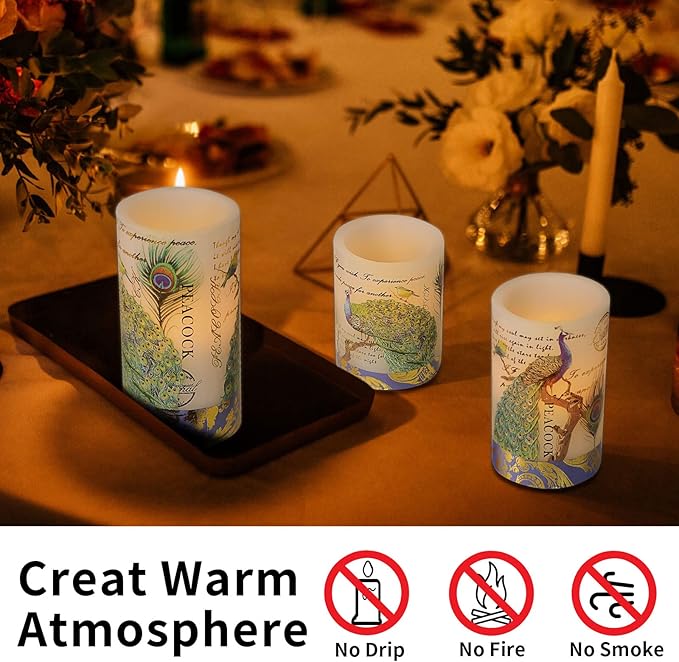 Flameless Candles Peacock Decor Battery Operated Candle with Remote Real Wax Flickering LED Pillar Candle Vintage Home Decor for Spring, Summer, Wedding Decor, Mothers Day Gifts