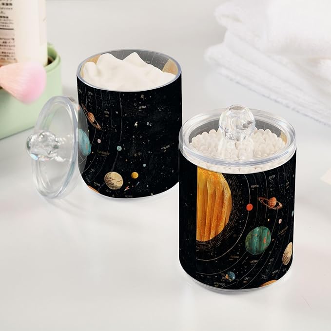 2 Pack Apothecary Jars Colorful Solar Galaxy Bathroom Vanity Storage Organizer Set,Small Clear Plastic Storage Jars Bathroom Canister for Cotton Swabs, Rounds, Balls, Qtips,Makeup Sponges, Flos