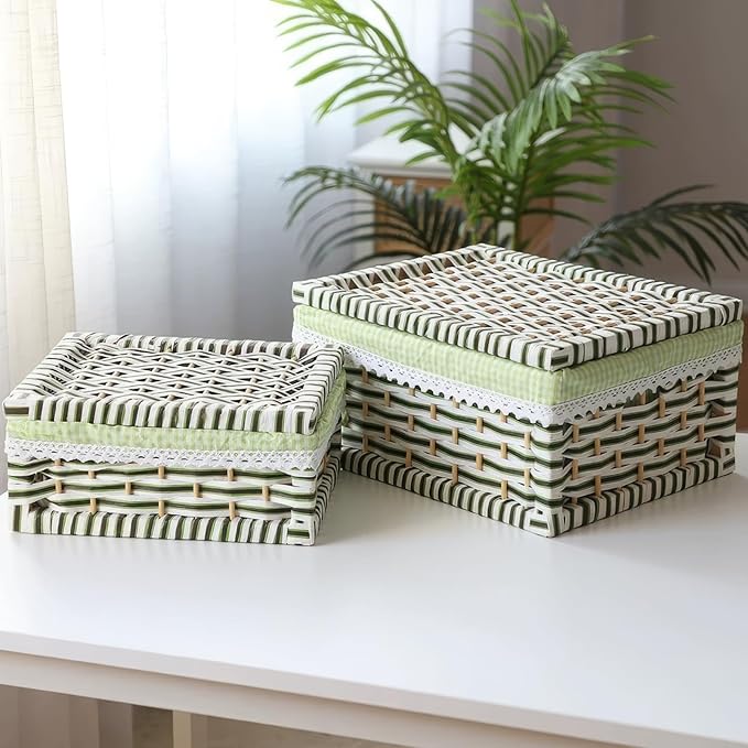 Paper Rope Storage Basket with Lid,Handmade Woven Rustic Green Shelf Basket for Organizing, Decor-Detachable & Washable Lining (Set of 2)