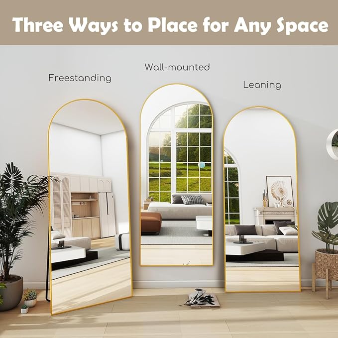 Prywot Arched Full Length Mirror, 70"x26" Free Standing Floor Mirror, Modern Full Body Mirrors with Stand, Wall Mirrors with Aluminum Alloy Frame for Bedroom,Living Room, Gold