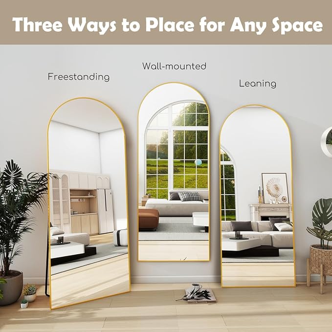 Prywot Arched Floor Mirror, 76 "x 34" Full Length Mirror Wall Mirrors Hanging or Leaning Arched-Top Full Body Mirrors with Stand for Bedroom, Dressing Room, Gold