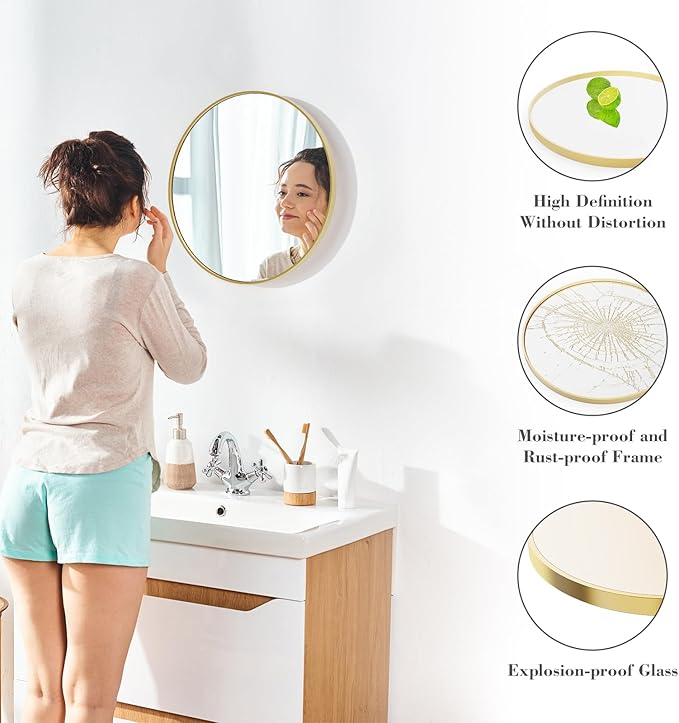Sweetcrispy 20-inch Gold Round Wall Mirror, Circle Bathroom Mirrors with Metal Frame, Wall-Mounted Mirrors for Living Room, Bathroom, Entryway