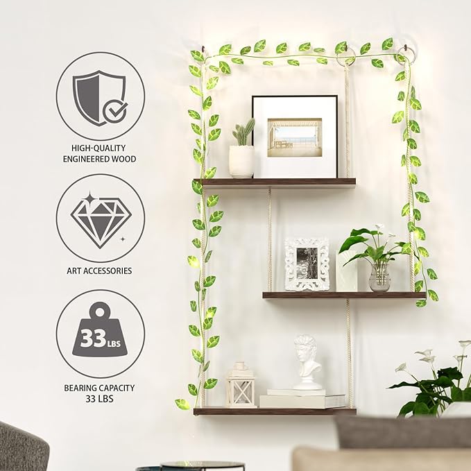 Hanging Shelves for Wall, 3 Tier Boho Wall Decor Hanging Shelf with Vine Lights, Rope Rustic Wood Floating Shelves Floral Plant Decor for Bedroom Living Room Dorm Office Women