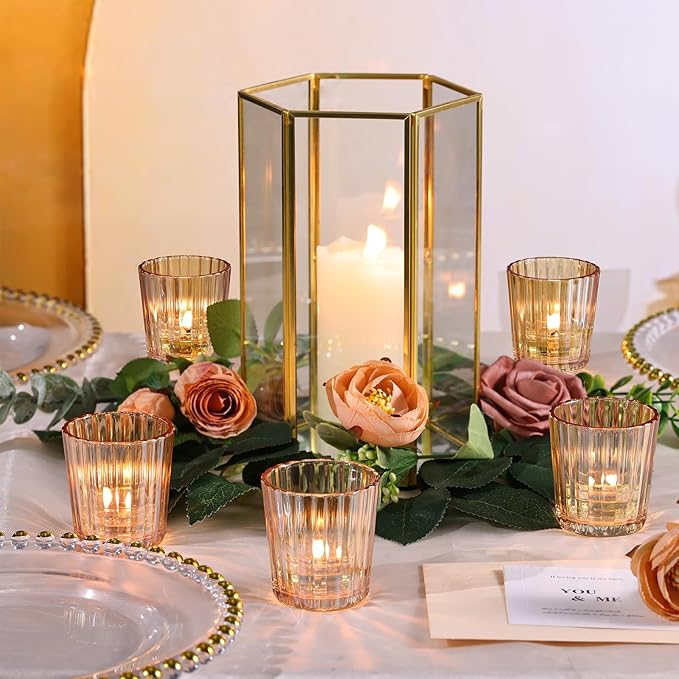 NITIME 8PCS Vintage Ribbed Gold Votive Candle Holders, Glass Candle Holder for Wedding Decorations, Tealight Candle Holder for Table Centerpiece, Diwali, Home and Party Decorations