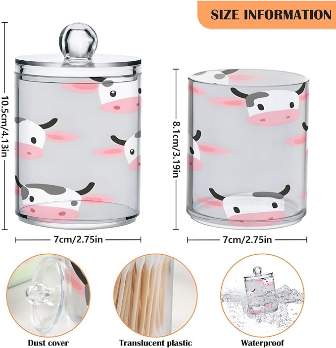 Nander 4Pack Cute Cartoon Cow Qtip Holder Dispenser -Clear Plastic Apothecary Jars Set - Restroom Bathroom Makeup Organizers Containers for Cotton Swab, Ball, Pads, Floss