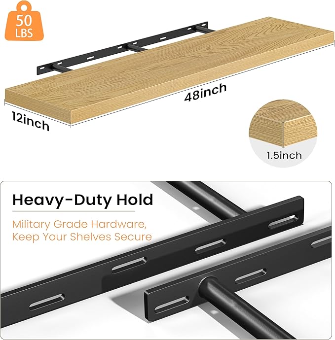 Fun Memories 48 Inch Floating Shelves, 12 Inch Deep Wall Shelves, 48 x 12 Floating Shelf Set of 2, Oak Rustic Wood Floating Shelf Wall Mounted for Large Kitchen Living Room Bedroom Bathroom Storage