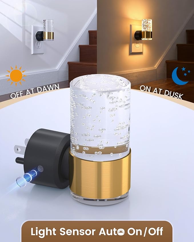 NIORSUN Night Light Plug into Wall, Dimmable Nights Lights with 3 CCT & 5 Brightness Levels, Slim Acrylic Plug in Night Light, Auto Dusk to Dawn Sensor for Stairs, Hallway, Bathroom, Gold, 4 Pack