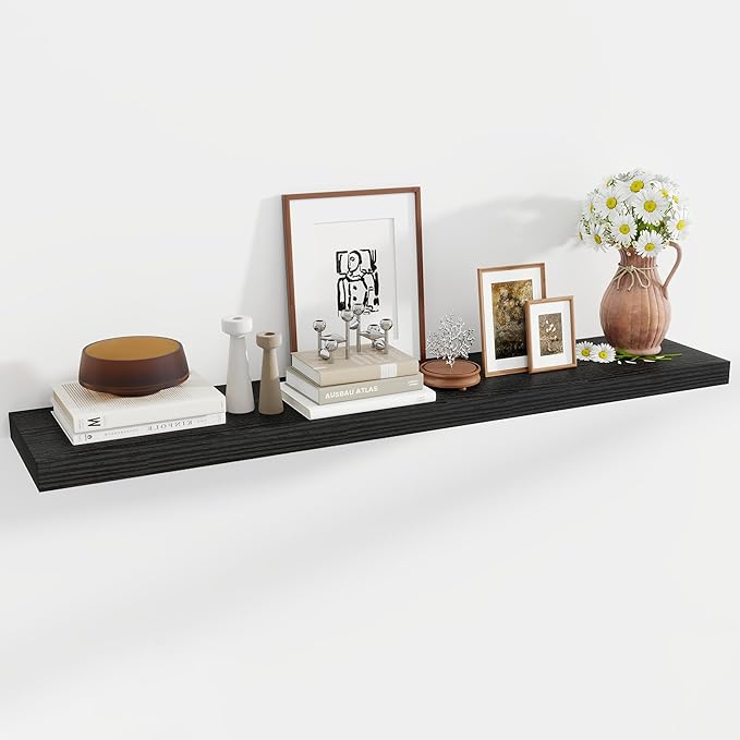 Acovy 55 Inch Floating Shelves, 12 Inch Deep Floating Shelves for Wall, Floating Shelf with Invisible Brackets, Deep Shelves for Bathroom, Bedroom, Living Room, 1 Pack, Black