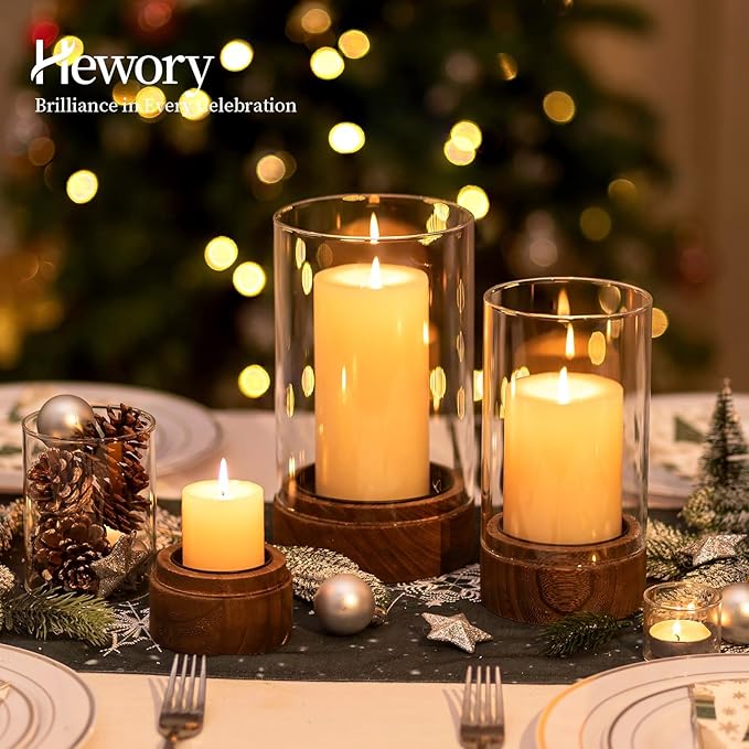 Hewory Hurricane Glass Candle Holder : Set of 3 Rustic Brown Candle Holders for Pillar Candles, Vintage Decorative Wood Stand with Clear Glass for Weddings,Christmas,Table Centerpiece,Home Decor