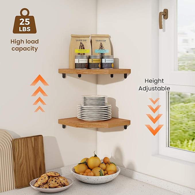 Fun Memories Corner Shelf Wall Mount, Solid Oak Wood Floating Corner Shelves with Cable Hole, 8.5in Rustic Design for Bedroom, Bathroom, Kitchen, Living Room (Natural, 1 Pack)