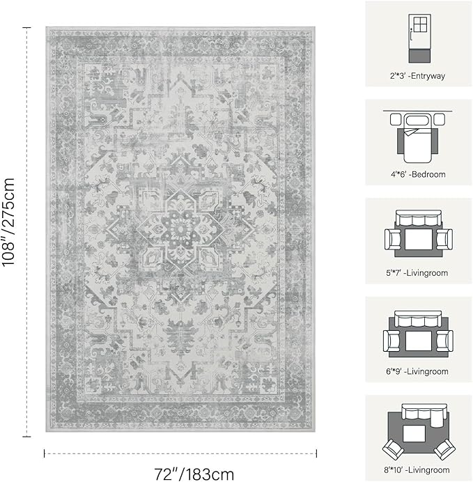 Rugxara 6x9 Washable Area Rug for Living Room, Neutral Vintage Large Boho Rugs for Office, Dining Room, Kids Room, Farmhouse, Durable Low Pile Non Slip Carpet for High Traffic Areas, Light Grey