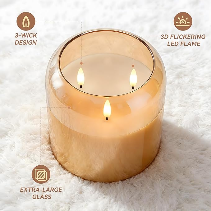 3 Wick Glass Flameless Candle with Remote and Timer, 6"x6" Extra Large Real Wax LED Pillar Candle Battery Operated with 3D Flickering Flame for Festival Wedding Home Party Decor (Gold)