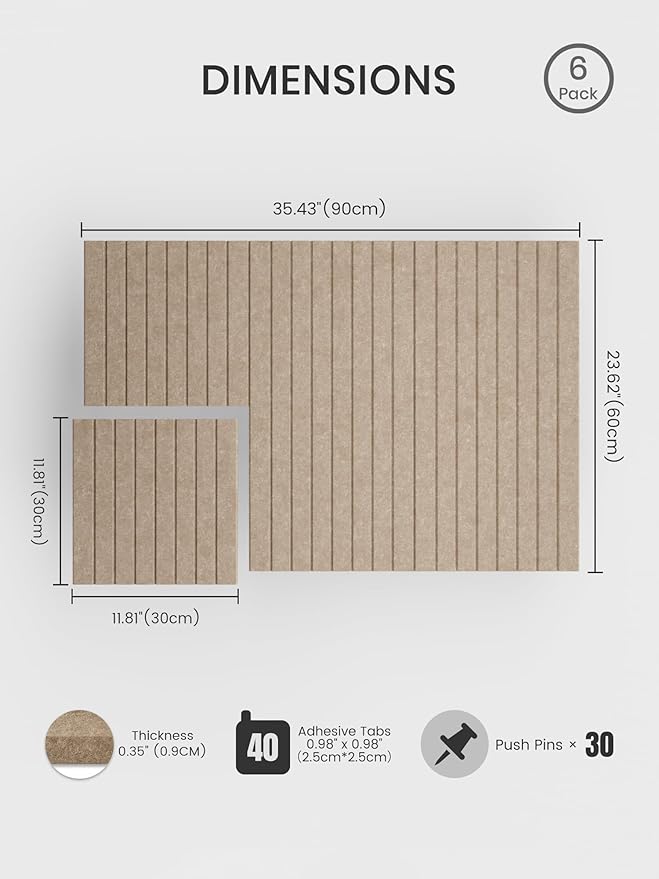 Bumusty Large Cork Board Alternative-36 x 24" Felt Bulletin Board Tiles, with 30 Pushpins, 40 Adhesive Tabs, Fine-Stripe 6-Pack, Cork Boards for Office Push Pin Board Felt Board-Taupe