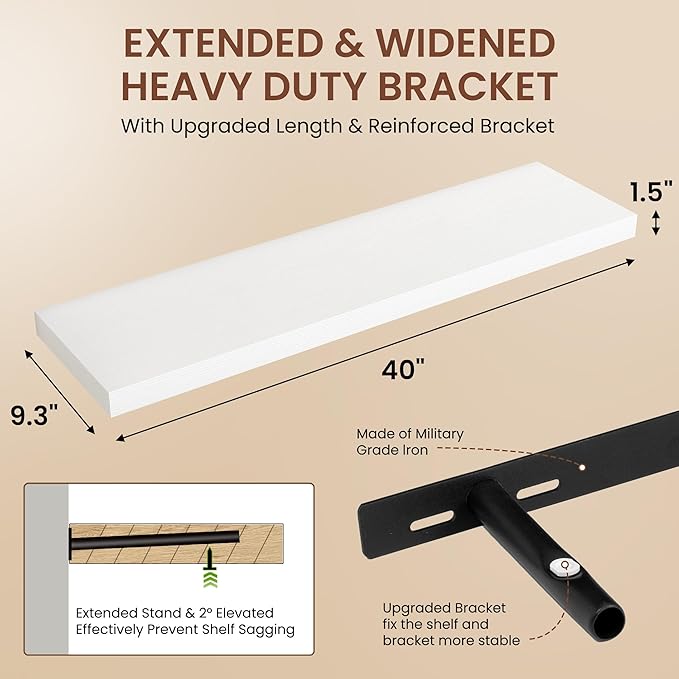 Dreamland 40 Inches Floating Shelves for Wall, 9.3" Deep Long Floating Shelves Set of 2, Large Display & Storage Shelf, Wall Shelf for Bathroom Bedroom Living Room Kitchen Office, White