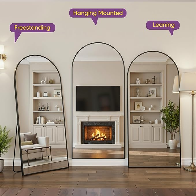 Full Length Mirror, 82"x44" Arched Floor Mirror Freestanding, Floor Standing Full Body Mirror with Stand for Bedroom, Hanging Mounted for Living Room Cloakroom, Black